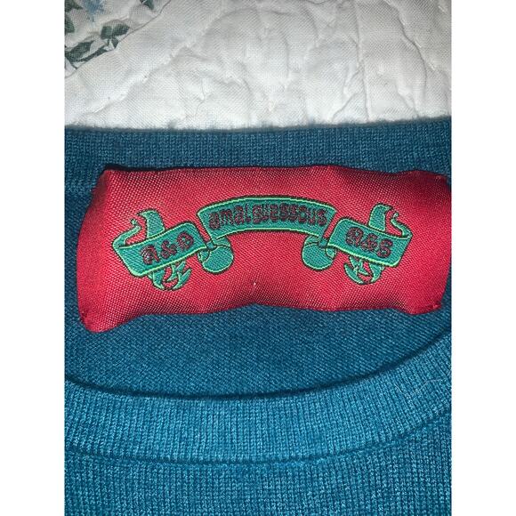 VINTAGE 90's AG AMAL GUESSOUS TEAL CASHMERE INTARSIA  SHORT SLEEVE SWEATER NWOT - Picture 4 of 8